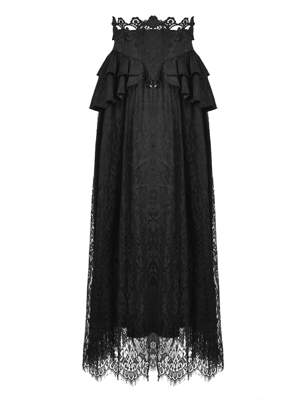 Black strapless gothic lace maxi skirt product display with ruffled peplum and scalloped hem