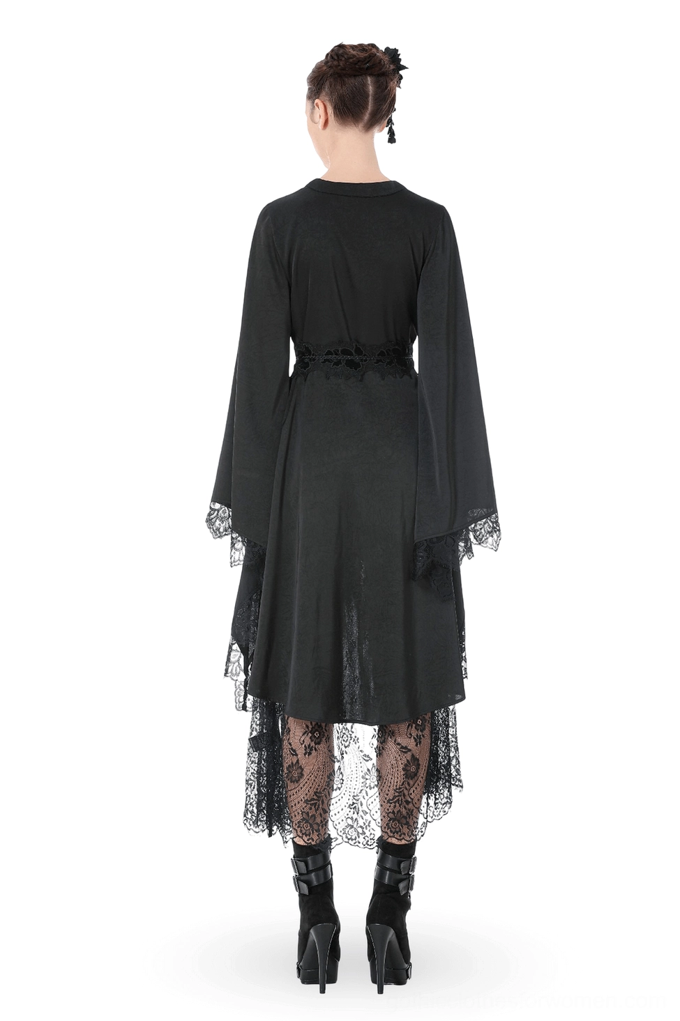 Gothic high-low lace midi dress back view showing asymmetrical hemline and belted waist detail