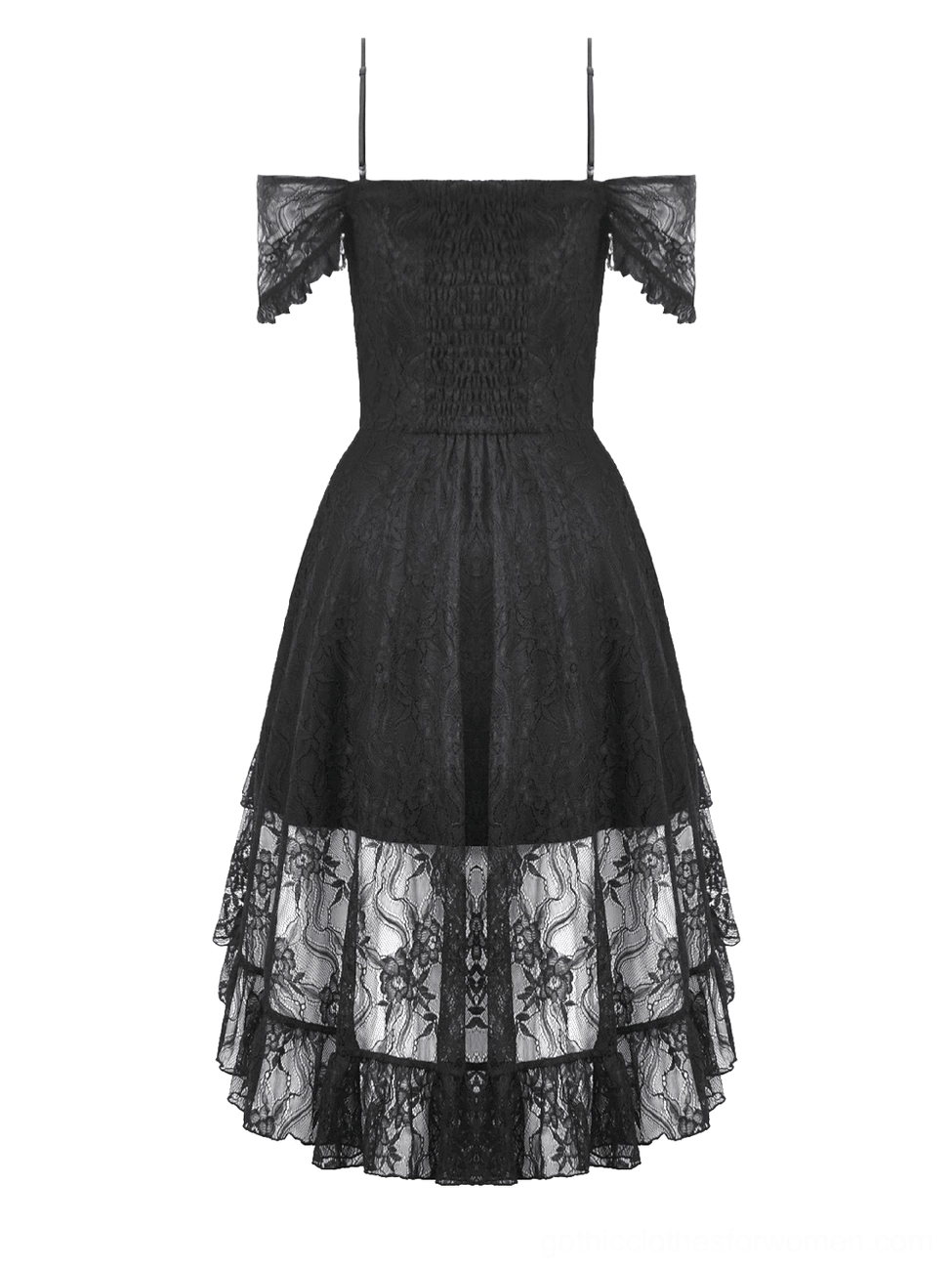 Black gothic midi lace dress flat lay rear perspective, showcasing smocked waist panel and intricate layered lace lower hem detail