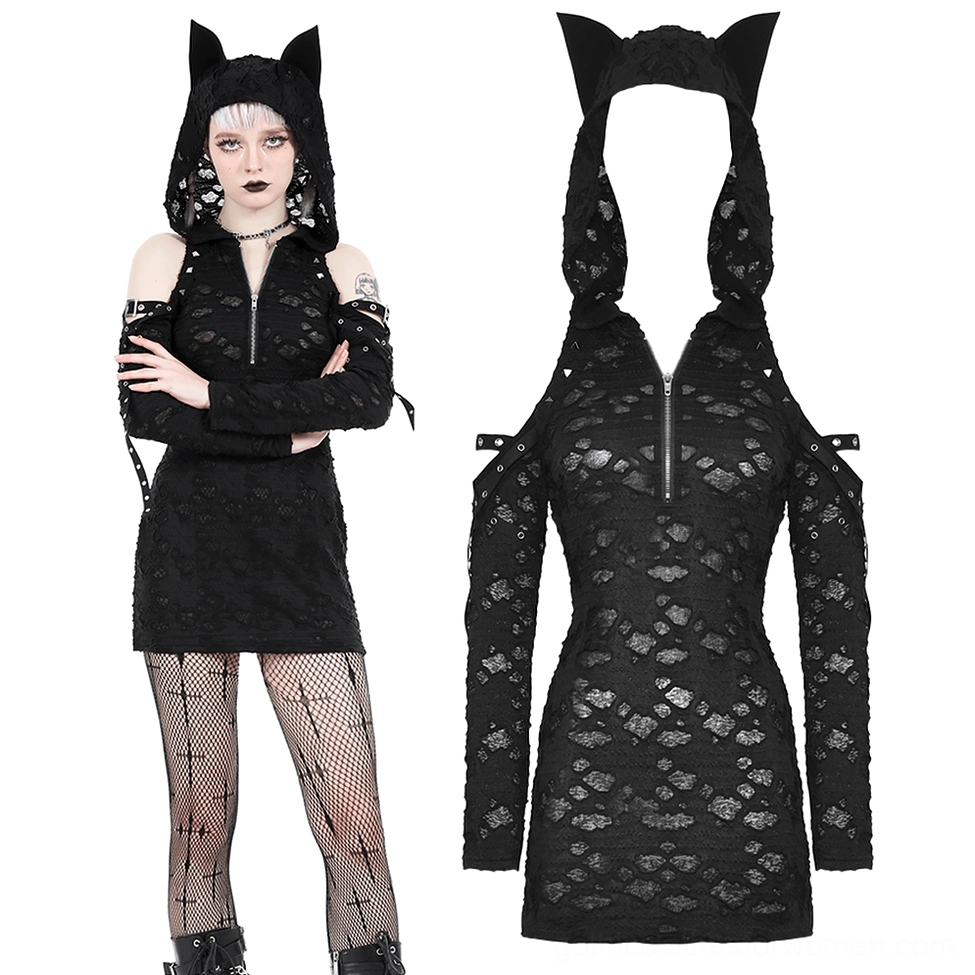 Black lace hooded cat ear mini dress front view model wearing gothic alternative fashion with cross-pattern tights