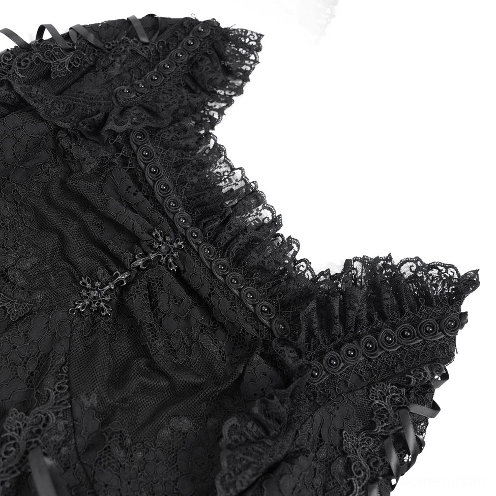 Full-length view of black lace gothic mini dress with lace-up side details and scalloped trim
