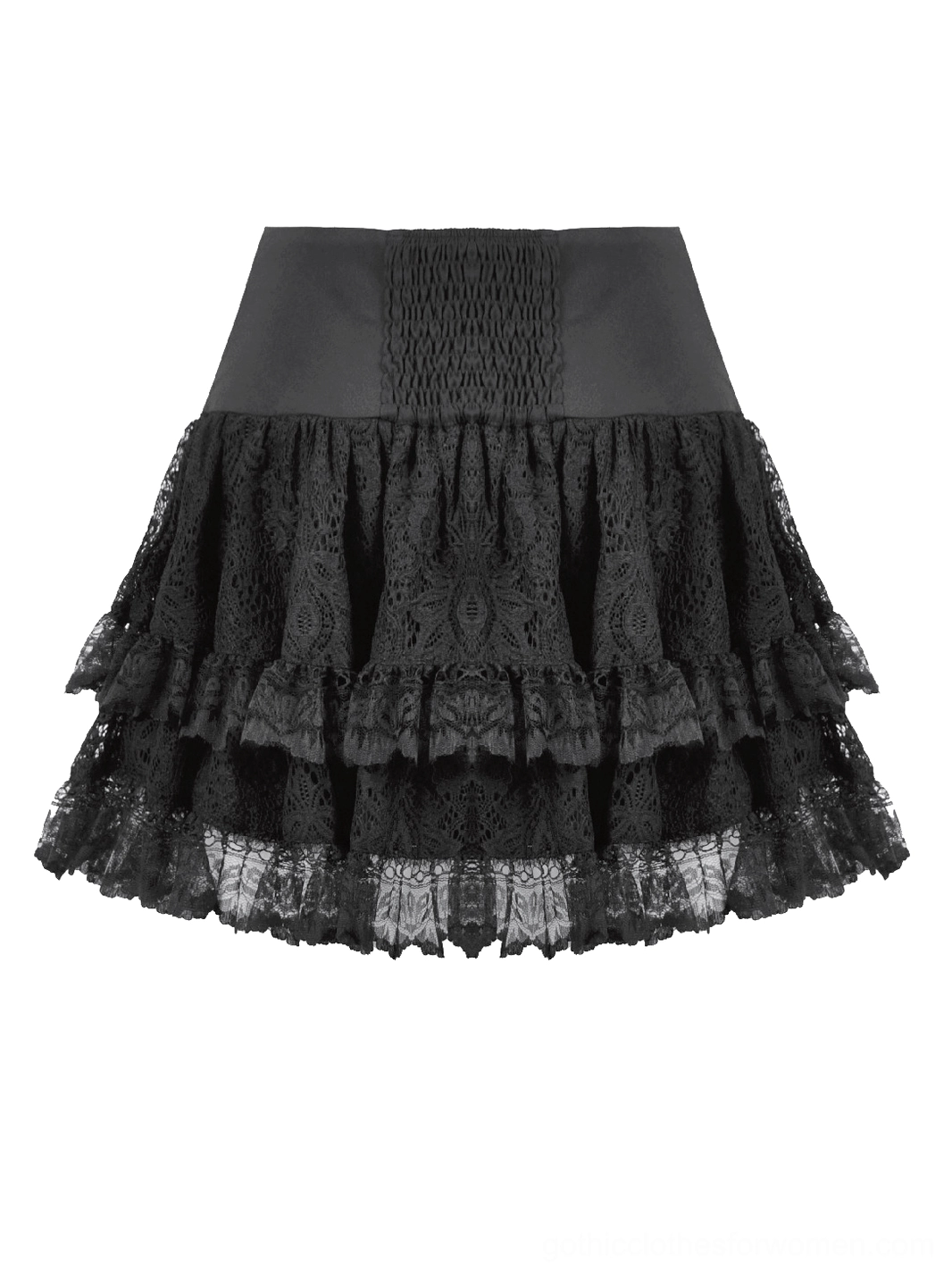Black gothic lace mini skirt with elastic waist and layered ruffles - side flat view