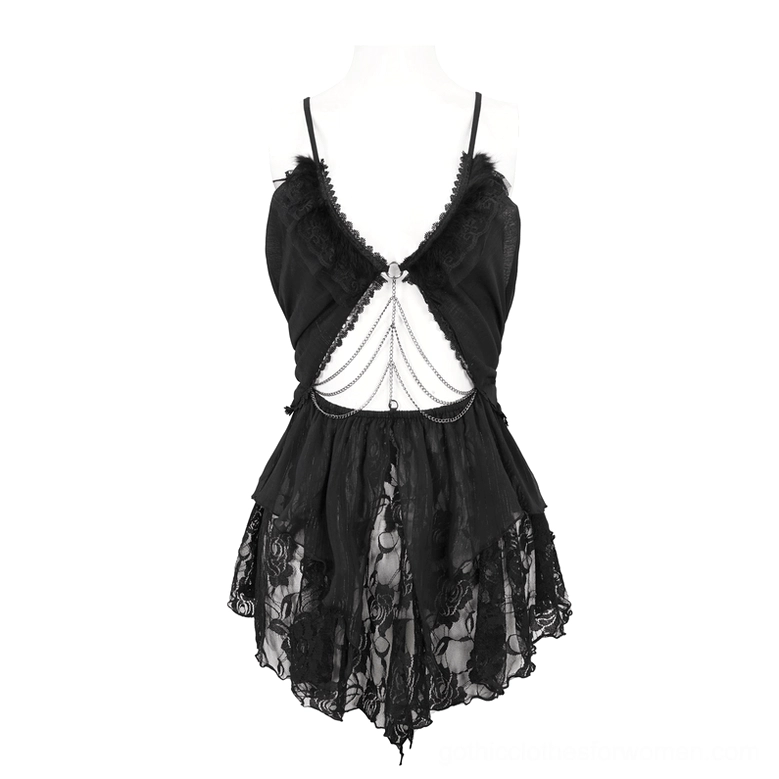 Black floral lace gothic nightdress with chain front cutout, mannequin display front view