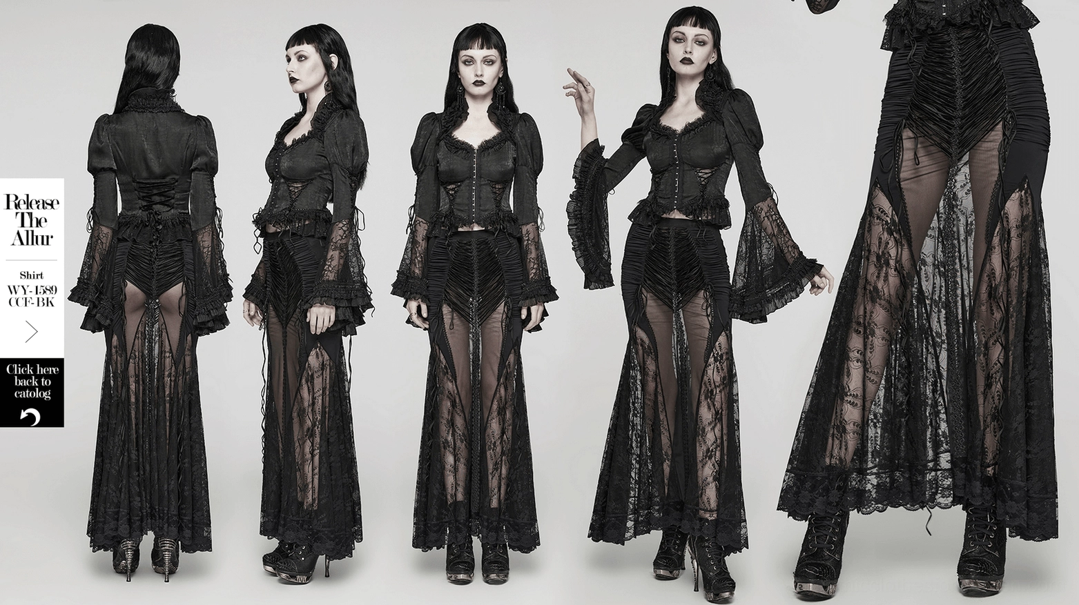 Black gothic lace sheer fishtail maxi skirt alternative fashion style, complete product view