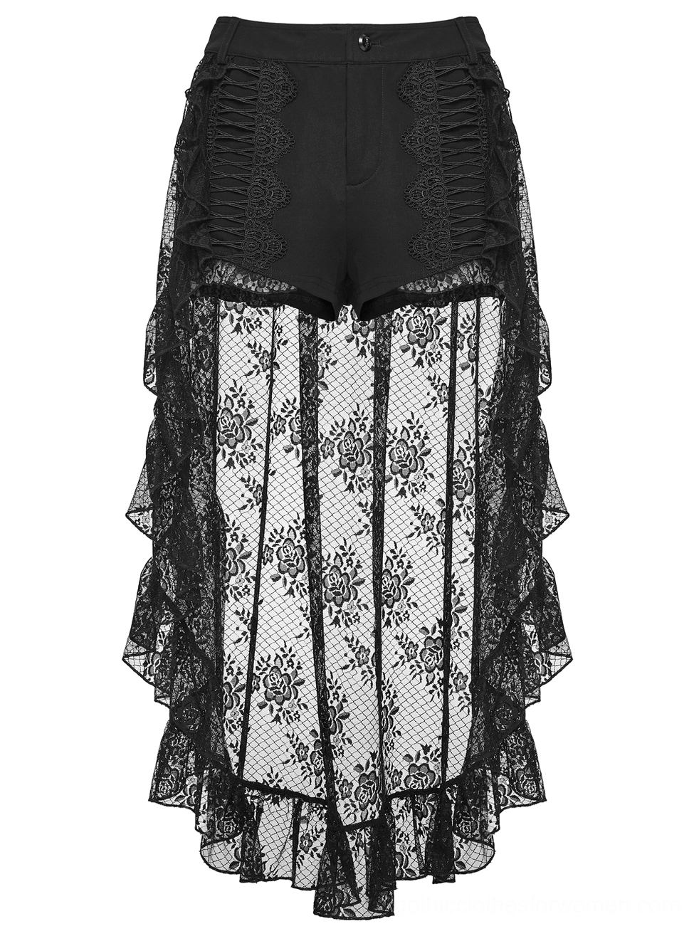 Black goth lace shorts rear flat lay displaying solid base and dramatic high-low ruffled train