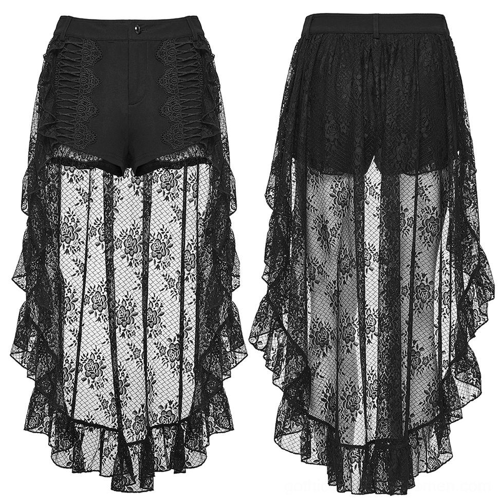 Black gothic lace shorts flat lay showing front floral lace overlay and layered ruffled hem detail