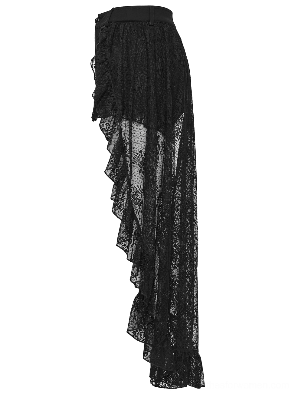 Black lace high-low gothic shorts side profile view showing asymmetrical hem and sheer overlay