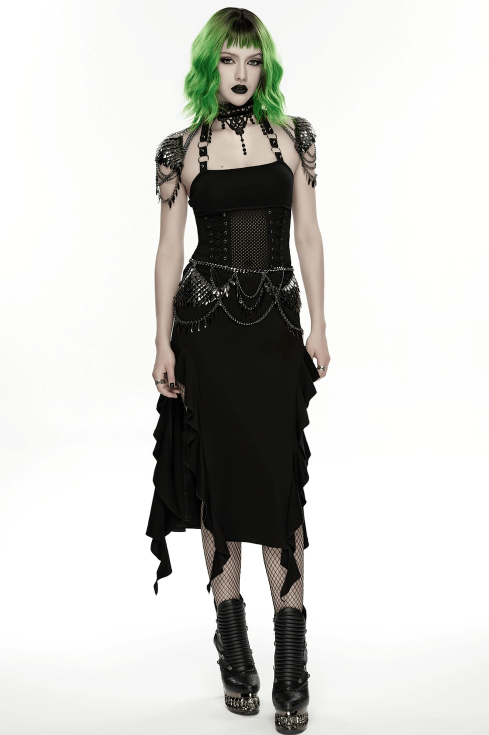 Black gothic lace shoulder armor choker showing adjustable components and alternative fashion styling versatility