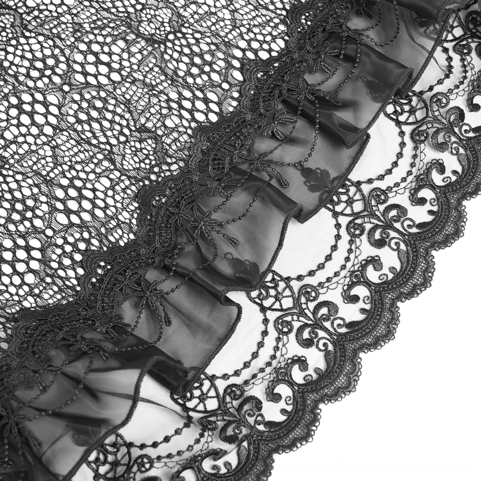 Black gothic lace skirt featuring asymmetric design elements and scalloped hemline with inner red contrast
