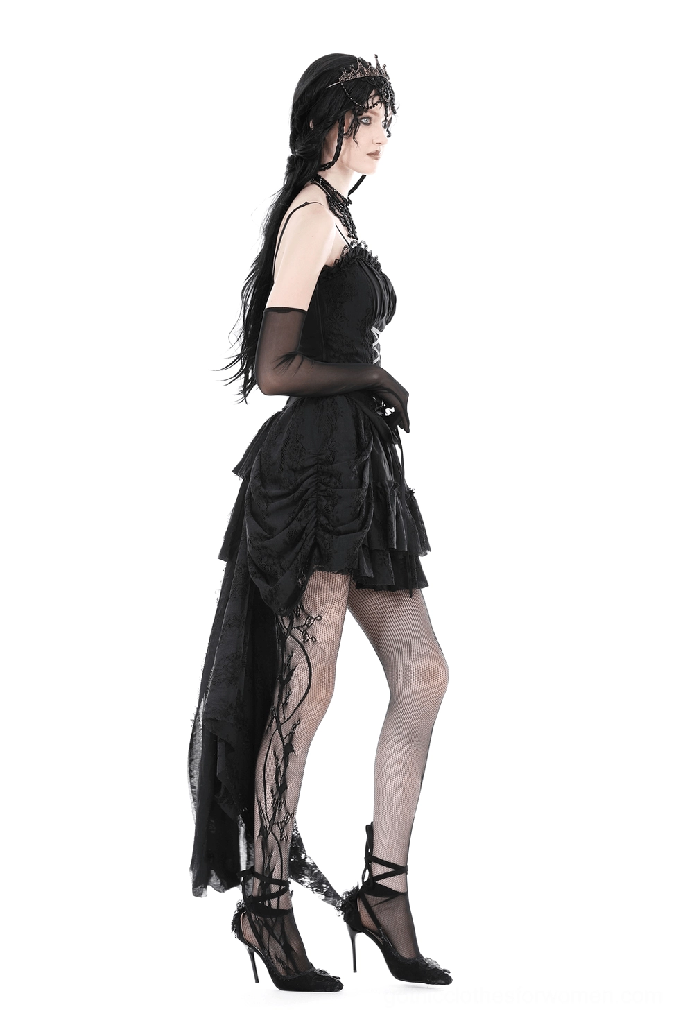 Black lace gothic skirt with asymmetrical hemline and cascading ruffles fashion detail