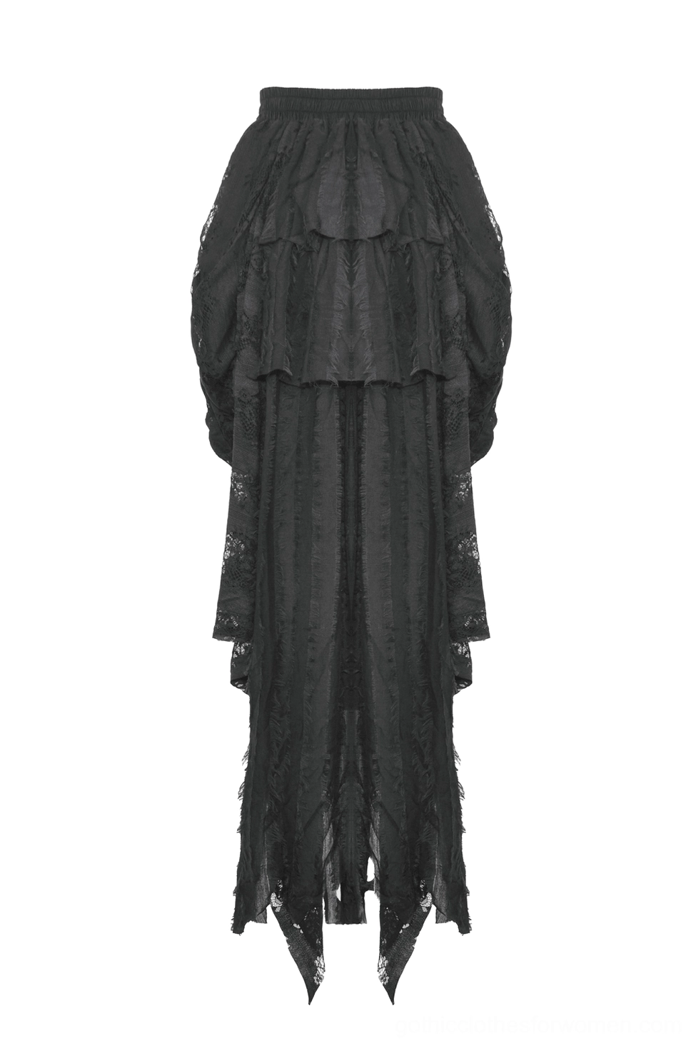 Black gothic lace high-low skirt rear flat lay view displaying layered lace panels and asymmetrical back hem