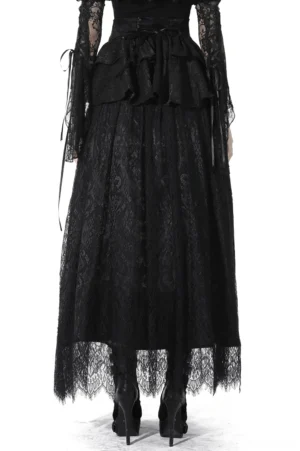 Back view of black gothic lace maxi skirt showing layered ruffle detail and high waist design