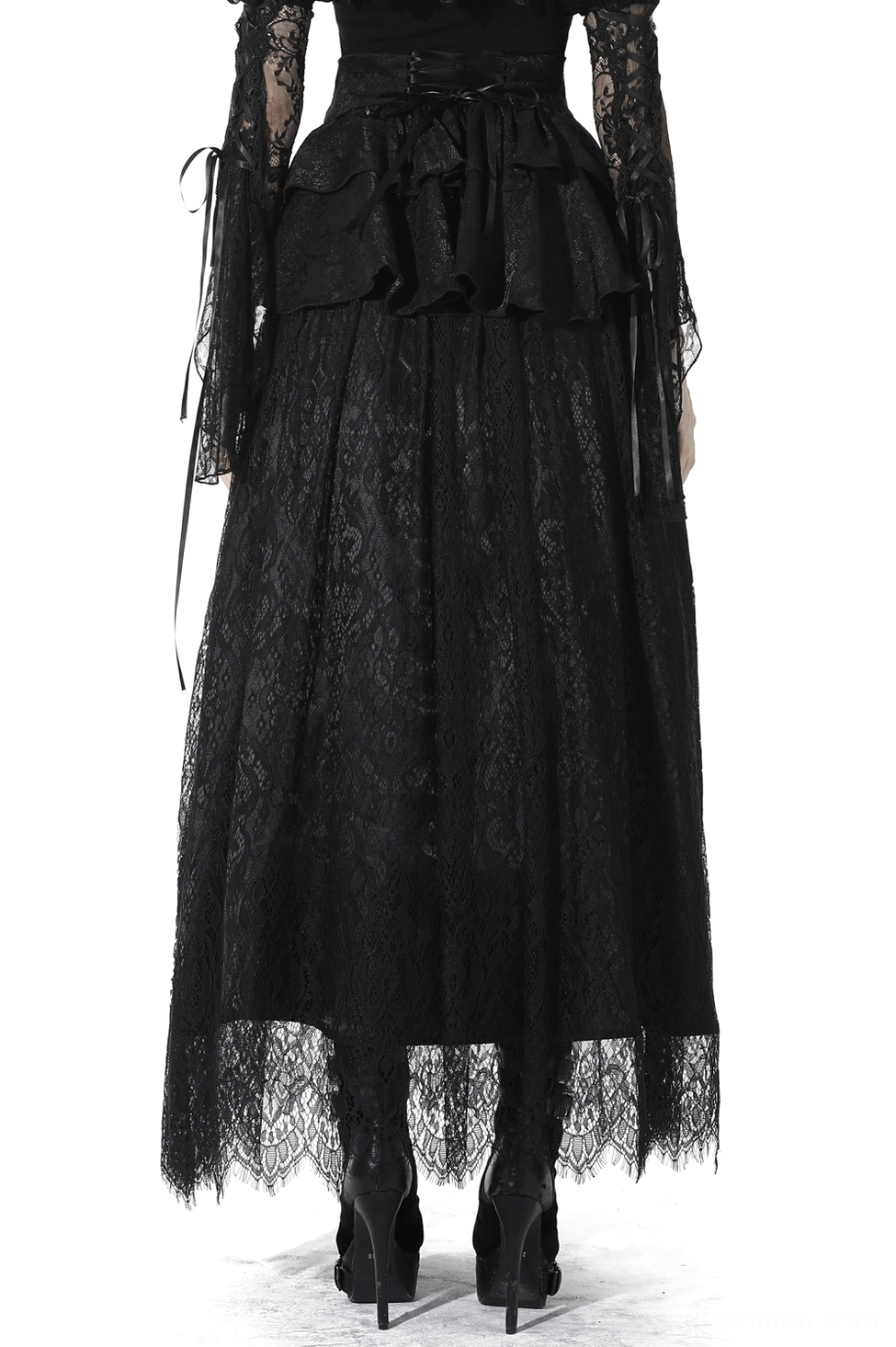 Back view of black gothic lace maxi skirt showing layered ruffle detail and high waist design