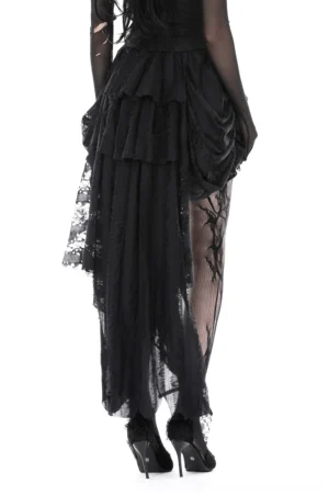 Black high-low gothic lace skirt rear view showing sheer lace back panel and elongated back hemline