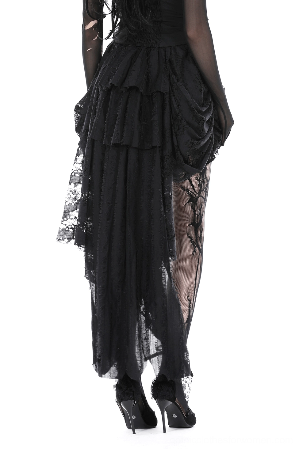 Black high-low gothic lace skirt rear view showing sheer lace back panel and elongated back hemline