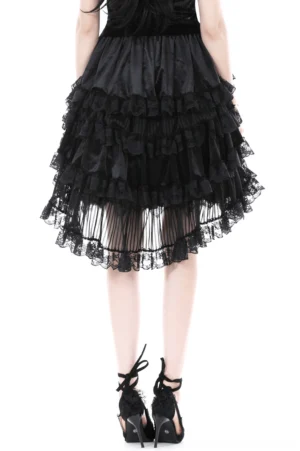 Back view of black gothic lace high-low skirt on model, displaying sheer mesh hem and ruffle layering detail from behind
