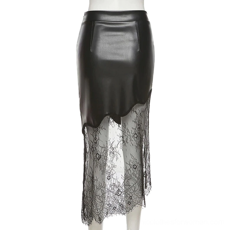 Black gothic lace midi skirt mannequin front close-up, curved asymmetrical hem with sheer floral lace detail and high waist