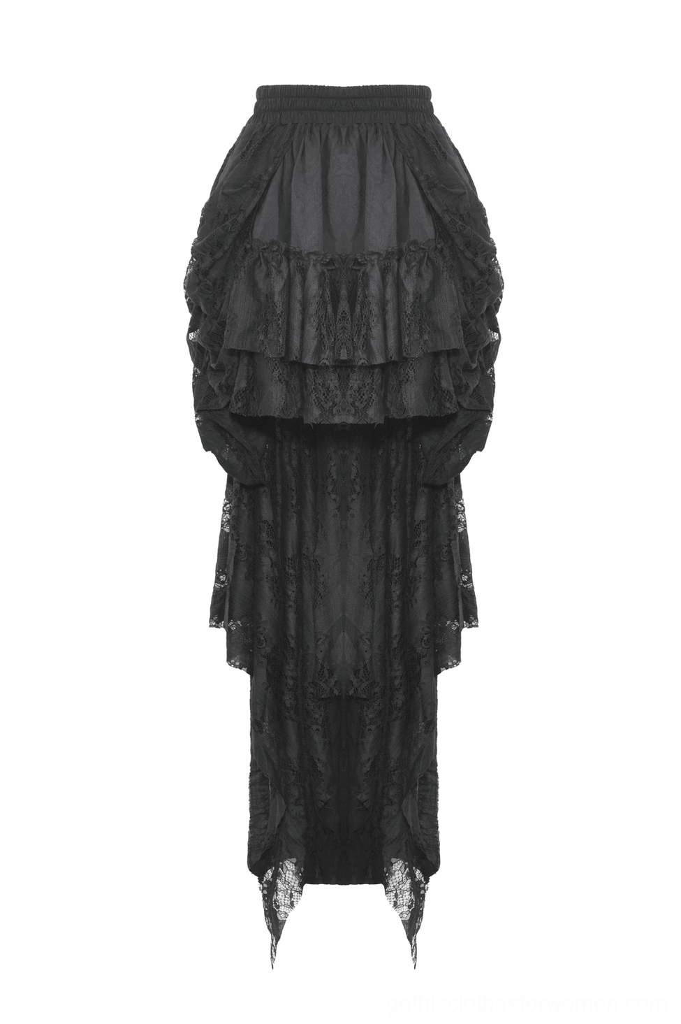 Black asymmetrical gothic skirt flat lay front view showing tiered ruffles and handkerchief hemline