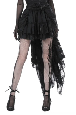 Black asymmetrical high-low lace gothic skirt front three-quarter view with cascading ruffles and layered lace panels