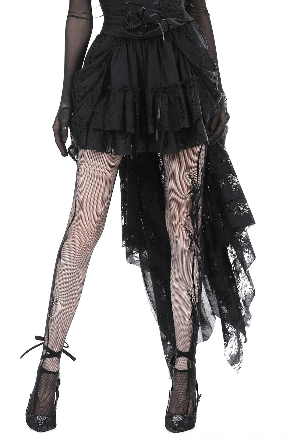 Black asymmetrical high-low lace gothic skirt front three-quarter view with cascading ruffles and layered lace panels