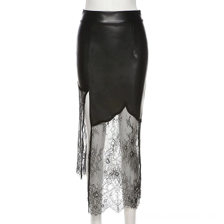 Black gothic lace midi skirt displayed on mannequin, front full view showing sheer lace lower section and asymmetrical hem design