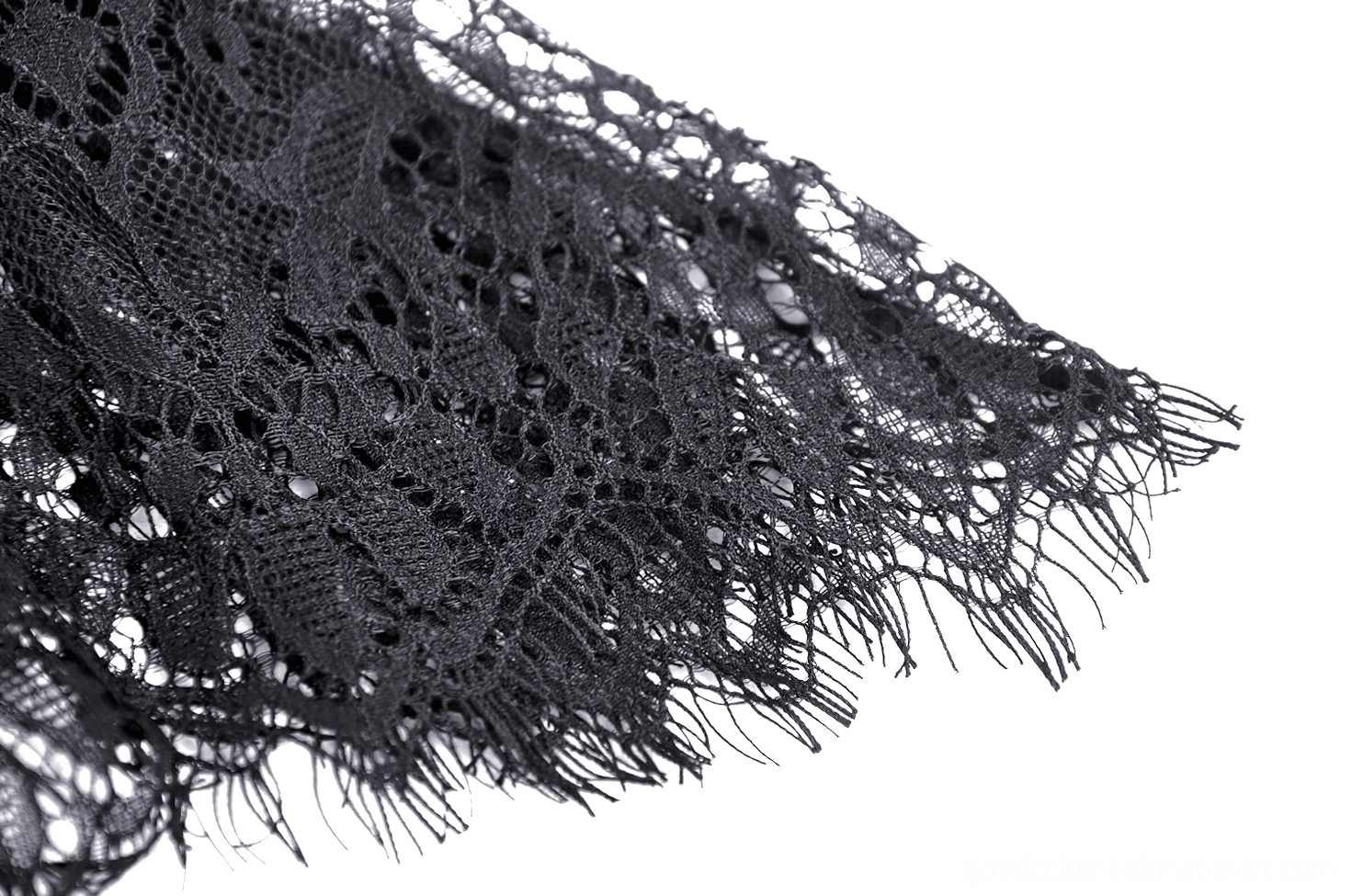 Black gothic lace maxi skirt full length silhouette with flowing ruffled layers and scalloped hem