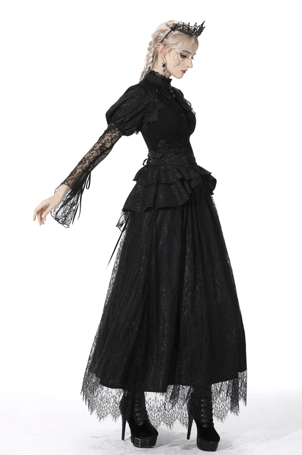 Black gothic lace maxi skirt showing high-waisted fit with cascading ruffled layers and drama
