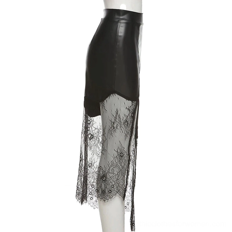 Black gothic lace midi skirt on display mannequin, left side view showing fitted silhouette and side split design