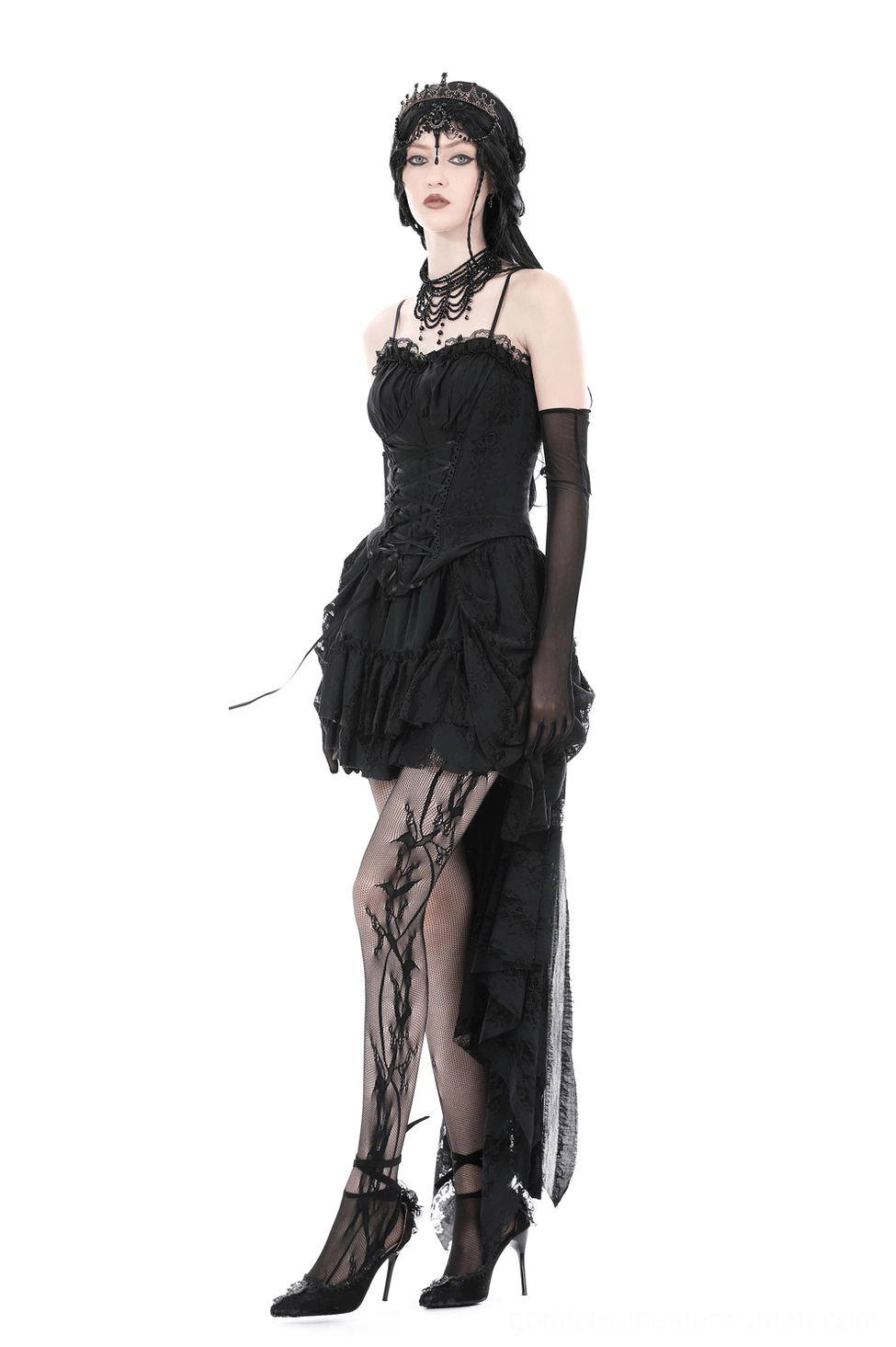 Black gothic lace high-low skirt product overview with complete ruffled layers and lace integration