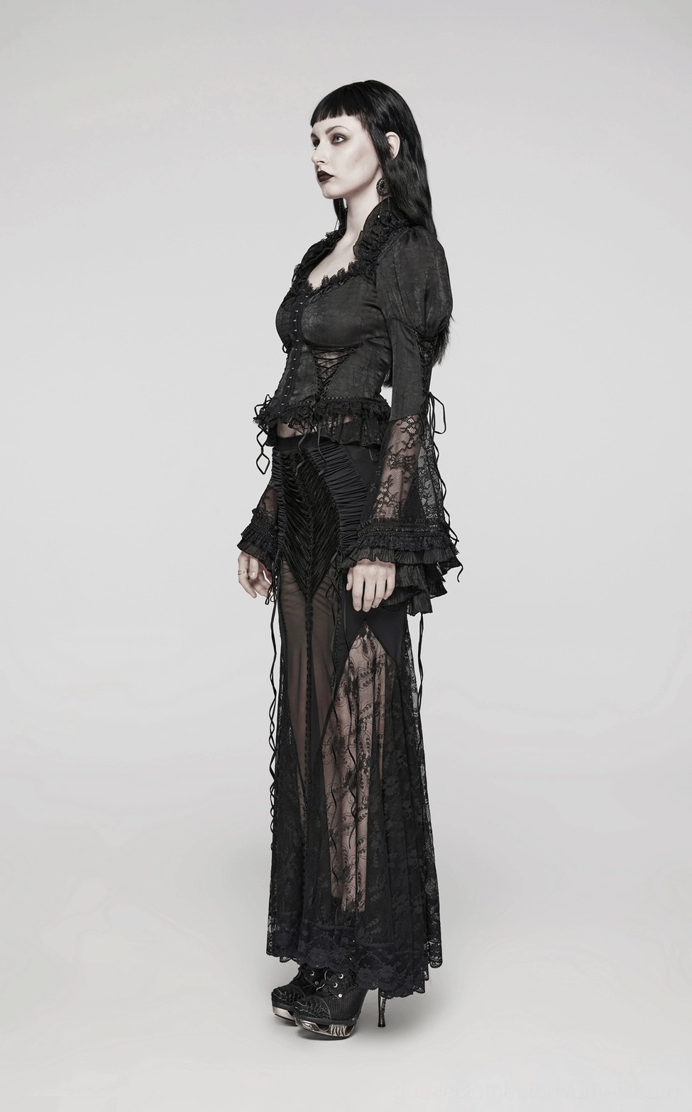 Black sheer lace gothic maxi skirt with ruched detailing and fishtail hem, product detail shot