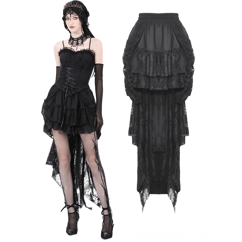 Black gothic lace high-low skirt styled with corset top and matching gothic outfit front view
