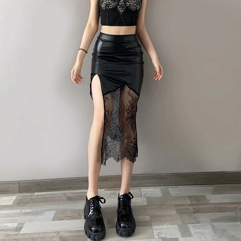 Black gothic lace skirt with crop top styling, full body front view on model showing high side slit and lace coordination