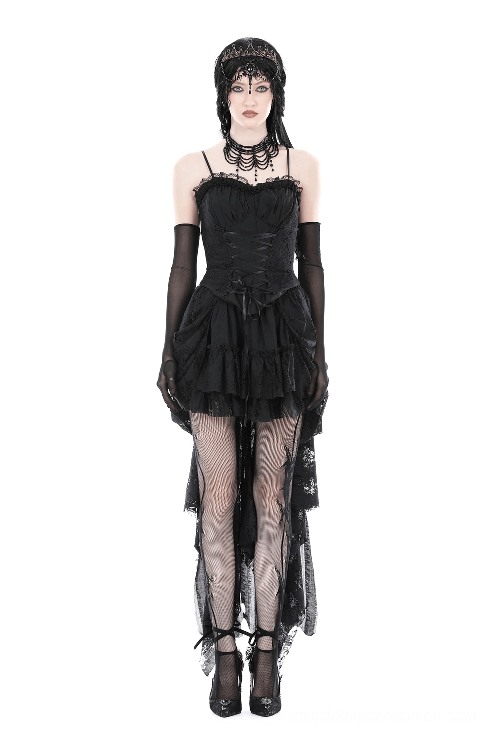 Black gothic high-low lace skirt showing tiered construction and romantic ruffle layering