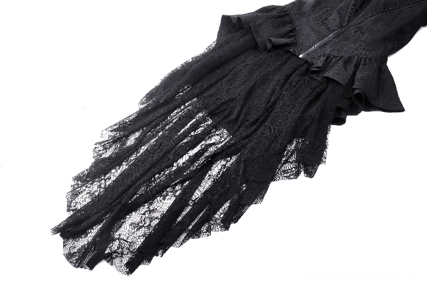 Black gothic lace tailcoat full ensemble view with dramatic high-low hem and Victorian-inspired silhouette