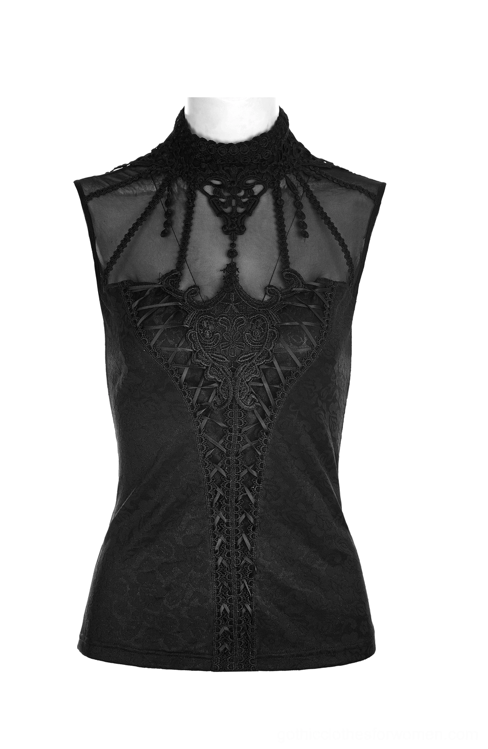 Front static shot of black gothic tank top on mannequin displaying high neck collar, embroidered lace panels, and lace-up front closure details