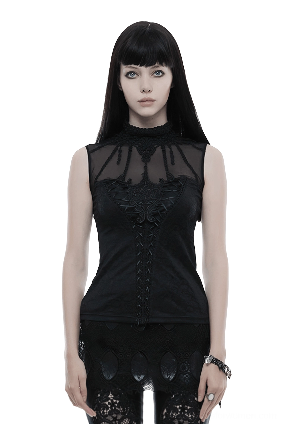 Black gothic lace tank top with high mock neck collar and embroidered lace front detail, worn by female model in front full-body view against white studio background
