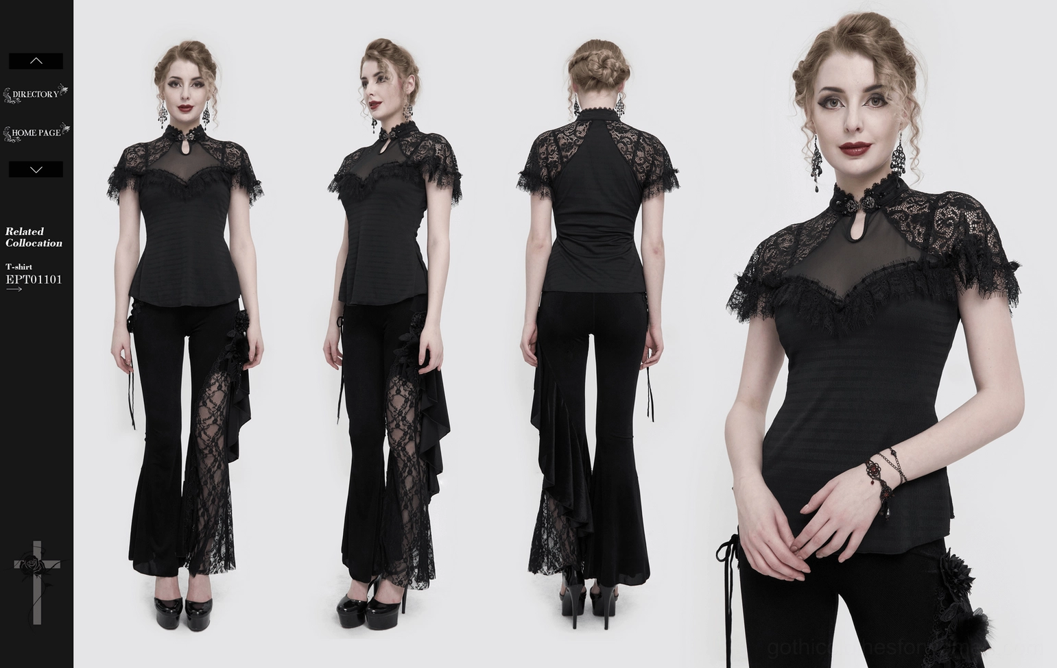 Black gothic lace slim fit t-shirt full body styling showcasing alternative fashion aesthetic