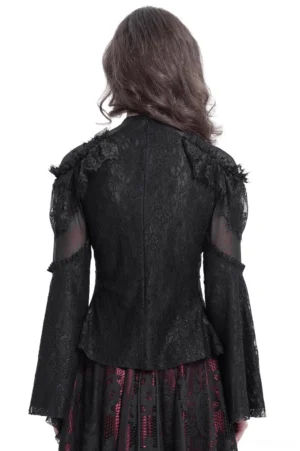Gothic black lace blouse back view on model paired with red plaid skirt, displaying ruffled shoulder yoke and layered lace sleeve details from rear