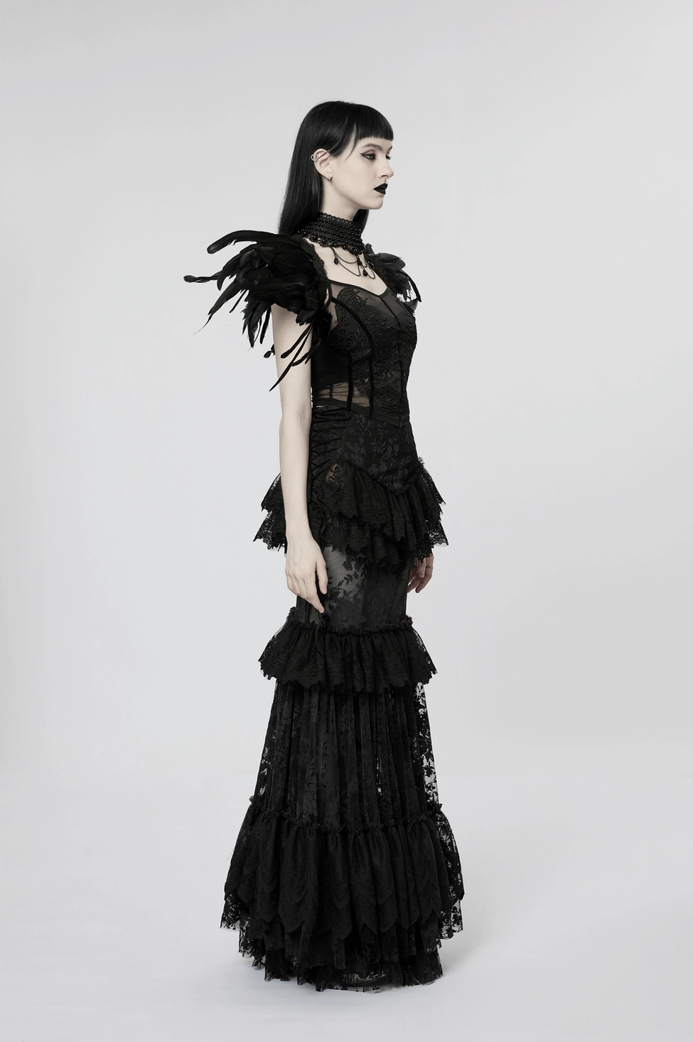 Black gothic full-length transparent lace maxi skirt additional product view showing silhouette and fabric drape