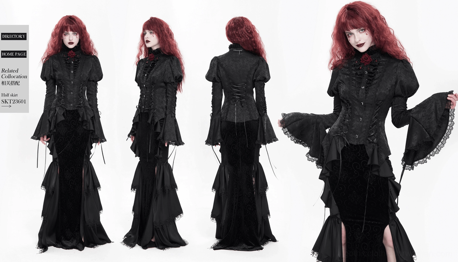 Black Gothic Lace-Up Blouse Detail - Drawstring Hem and Overall Silhouette from Front