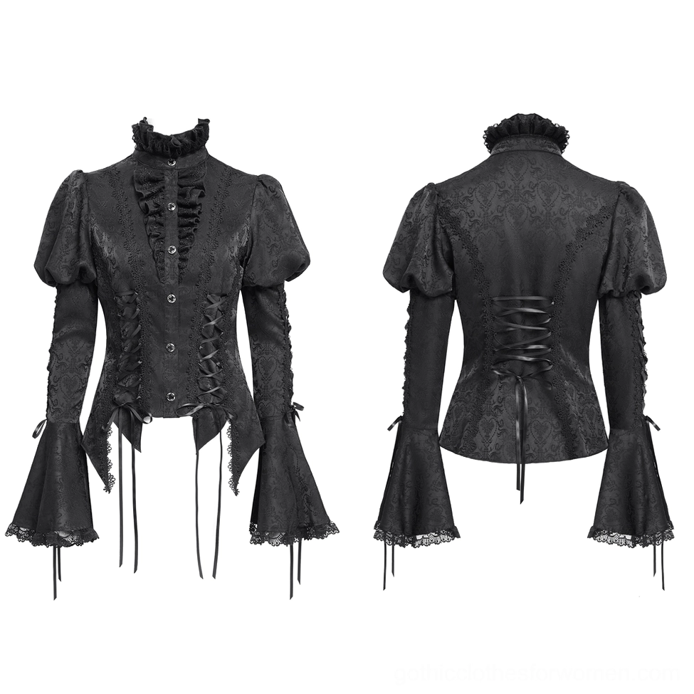 Black Victorian Gothic Lace-Up Blouse Flat Lay - Front and Back with Drawstring Hem