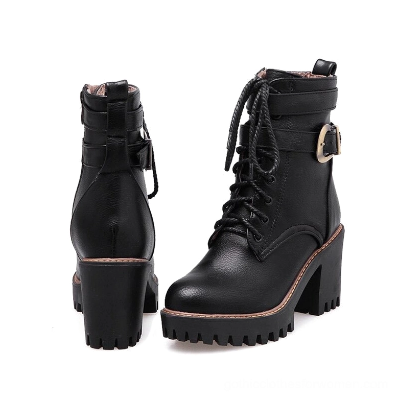 Black gothic ankle boots with lace-up and buckled strap detail - rear and side angle showing square heel construction