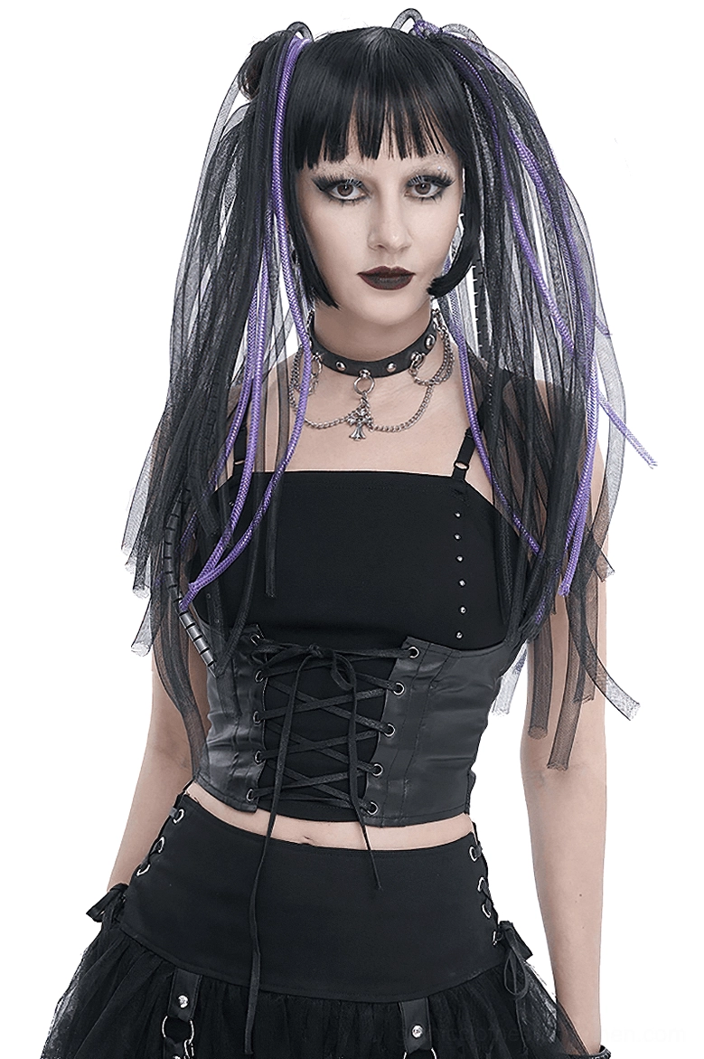 Black gothic lace-up camisole with studded splice design, front flat lay view on white background, featuring faux leather corset panel and metal studs
