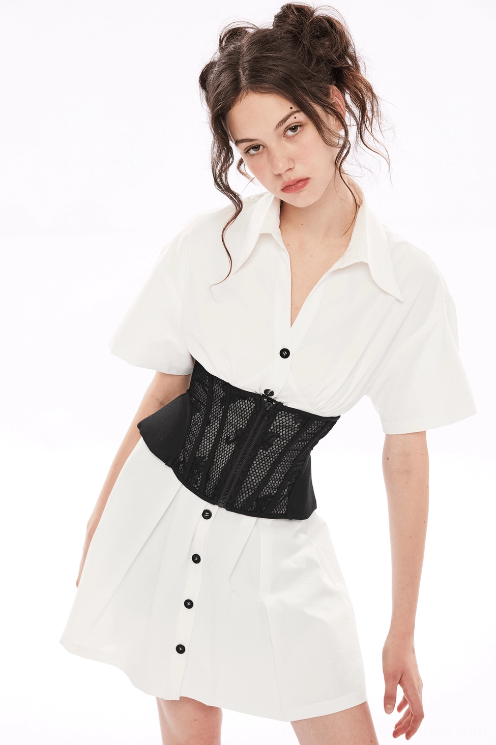 Black gothic lace-up cincher corset back detail showing adjustable drawstring ties, eyelet closures, and peplum hem on white background