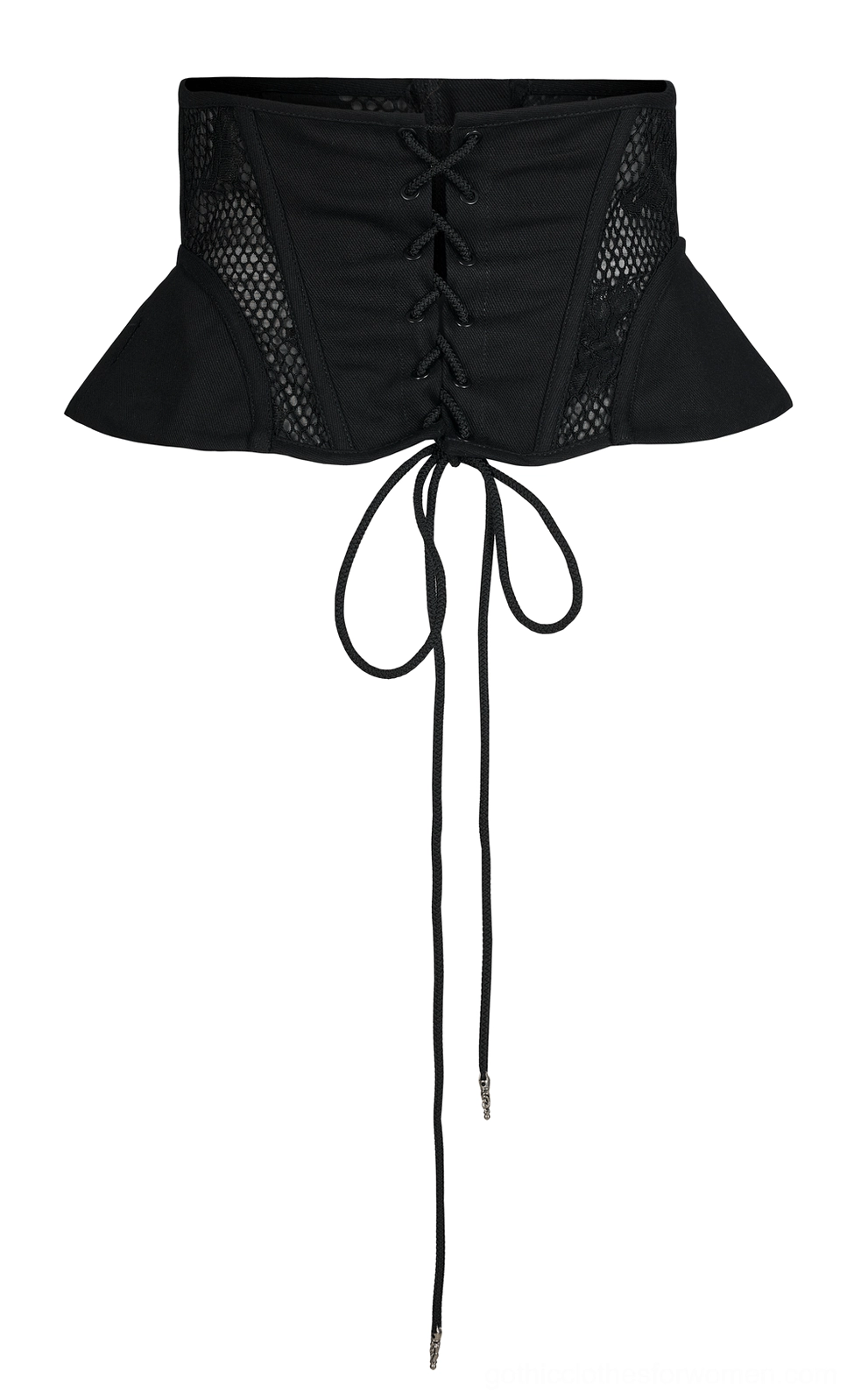 Back flat lay view of black gothic lace-up cincher corset displaying crisscross lace ties, long adjustable drawstrings, and peplum hem structure