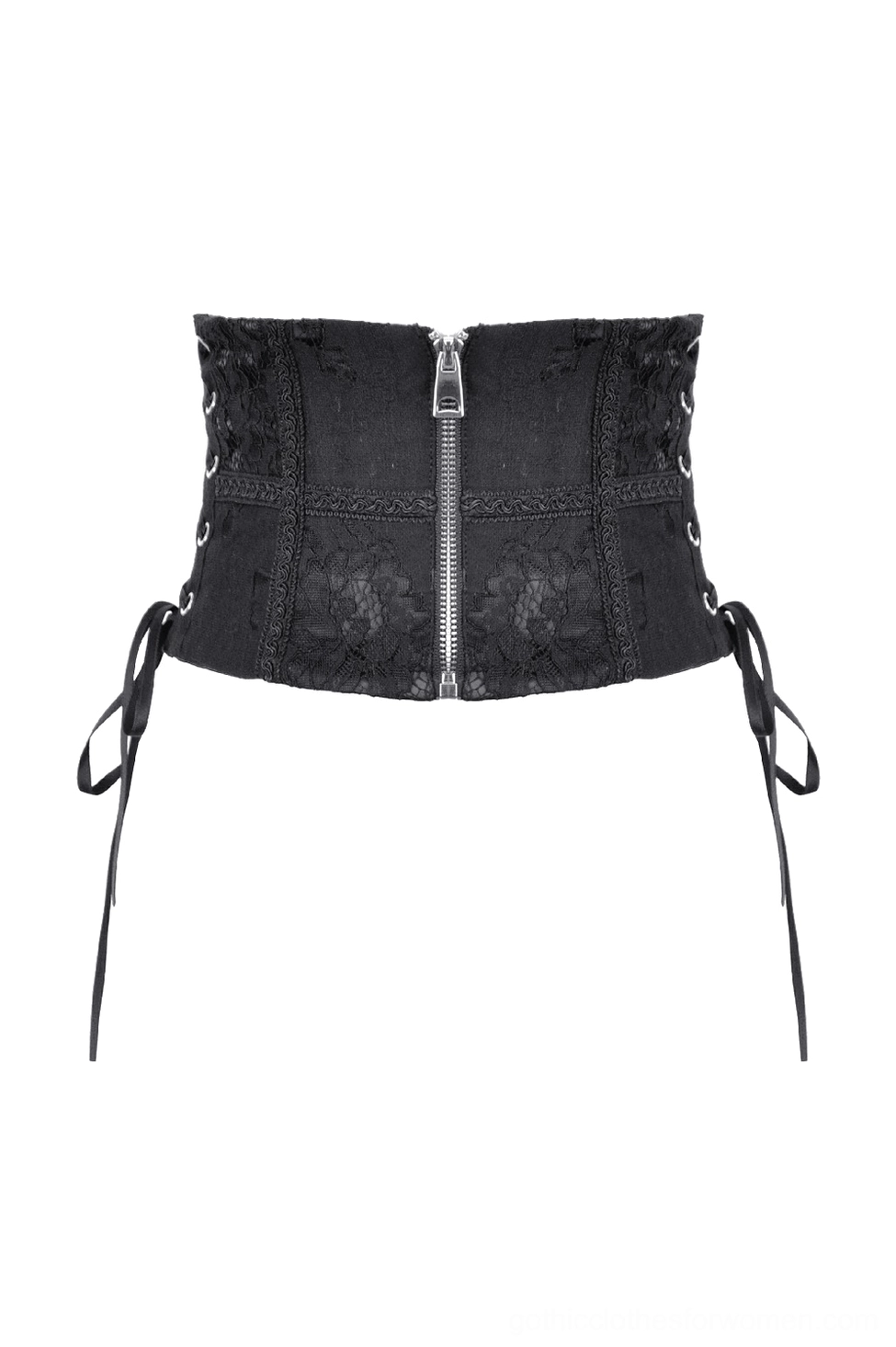 Black gothic waist corset flat lay top-down view showing metal zipper and ribbon lacing