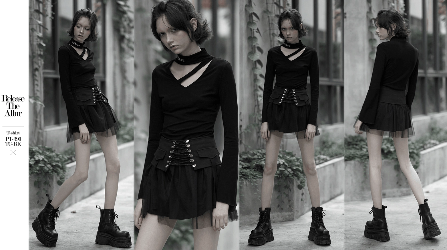 Black gothic lace-up mini skirt with mesh overlay and braided corset-style front closure details
