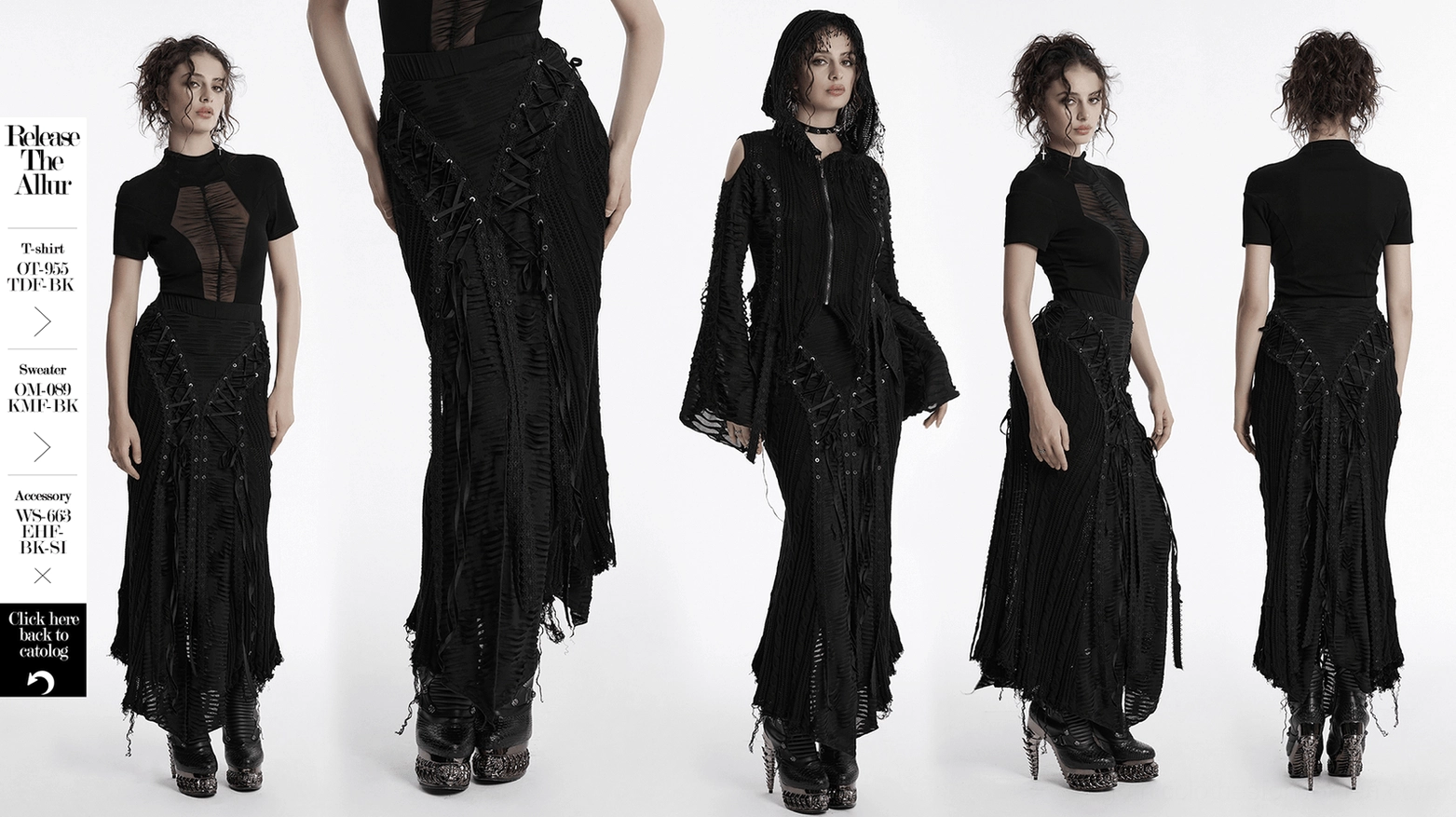 Black gothic distressed lace-up knit maxi skirt alternative fashion statement piece for dark aesthetic