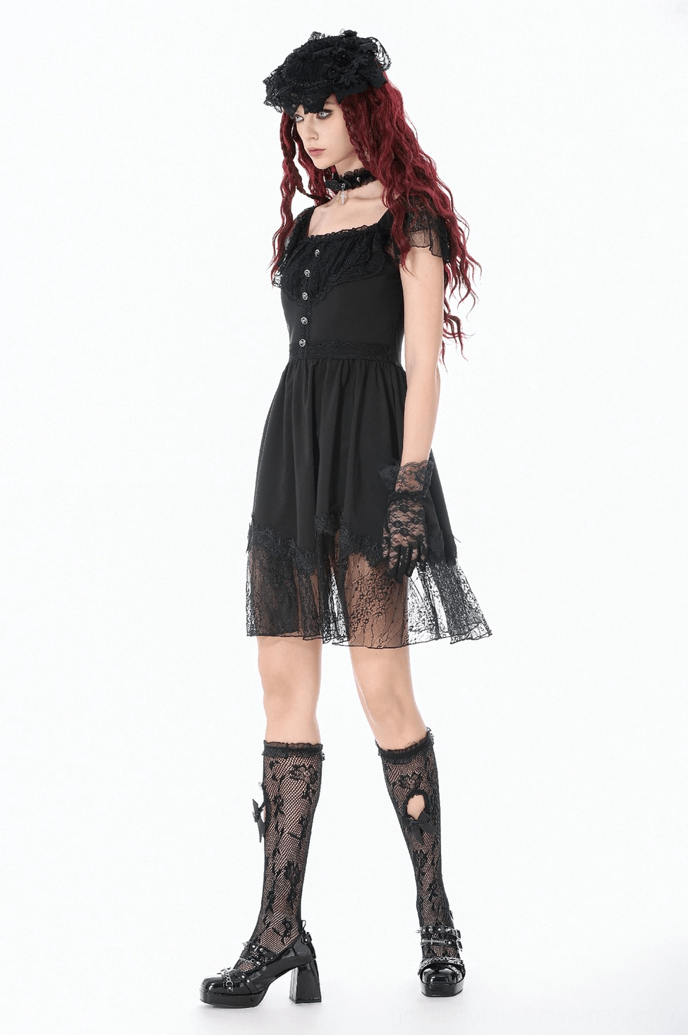 Black gothic dress back lace-up closure styled view with model wearing the complete outfit