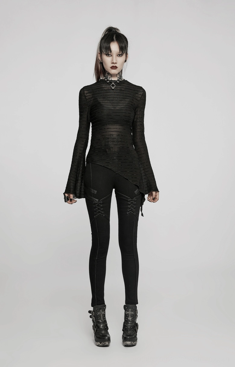 Black gothic lace-up skinny jeans full-body model shot, front angle display of punk-inspired women's denim with distinctive lace detailing